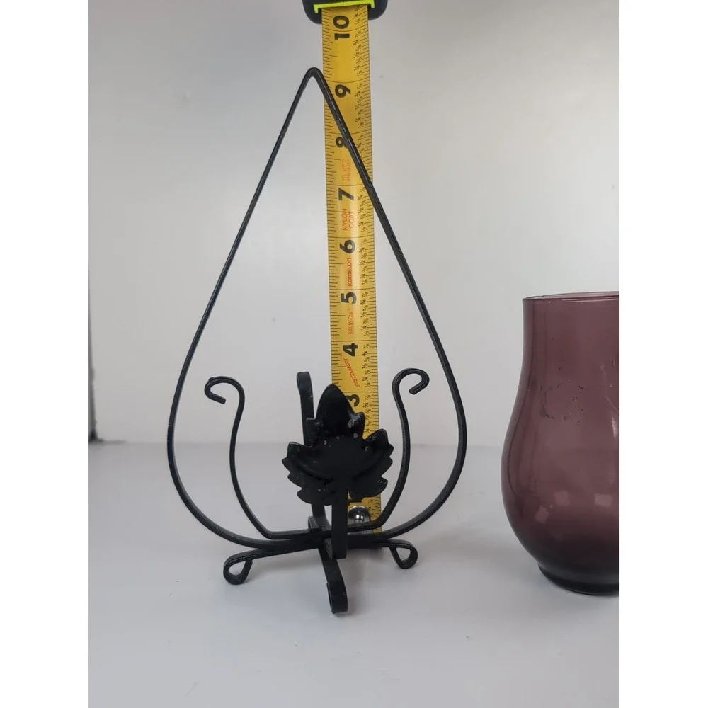 Black Metal Hanging Candle Holder W/Purple Glass Hurricane Footed Vintage Boho